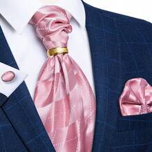 Men's Pink Geometric Diamond Pattern Ascot Tie Pocket Square Cufflinks & Gold Ring 4Pcs Set For Wedding Party - Pink - View 6