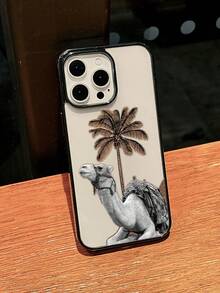Plant 1pc Vintage Black Frame Transparent Phone Case With Desert Style Camel Palm Tree Pattern, Compatible With Iphone 17/16 Pro Max/15 Plus/14 Pro/13/12/11 Series, Lightweight And Anti-Slip - Black - View 3
