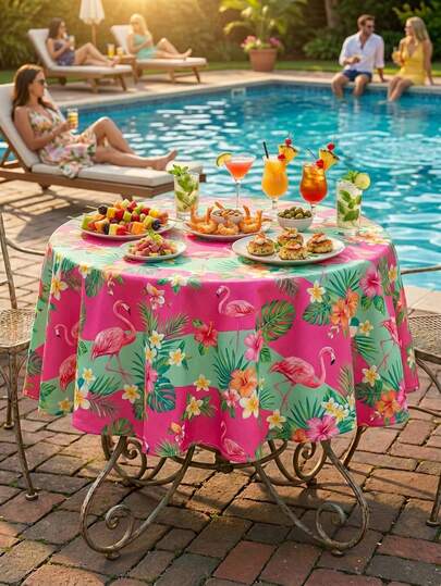1件装热带火烈鸟桌布，防水防污涤纶桌布，饰有夏威夷花卉和棕榈叶印花，适用于夏季泳池派对、夏威夷风情派对、后院烧烤、海滩派对、室内外用餐装饰