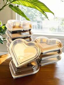 1/2/3 piezas Bandejas de plástico con forma de corazón con tapas - Contenedores de aperitivos de gran capacidad multiusos, adecuados para frutas, sushi, verduras, ensalada y tabla de quesos - Diseño transparente, borde dorado - Perfecto para fiestas, días festivos y regalos - Multicolor - Ver 7