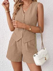 PRETTYGARDEN Women's Summer Clothes Tanktop 2 Piece Sets Outfits Sleeveless Matching  Button Down V Neck Vest Waistcoat And Pockets Going Out Short Sets Vacation - 卡其色 - 查看 5