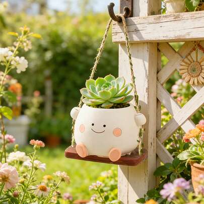 Whimsical Swing Hanging Plant Pot, Cute Cartoon Face Hanging Planter, Great For Succulents, Cactus, Small Flowers, Garden, Balcony, Patio, Fence, Yard Decor, Creative Hanging Flower Pot For Indoor & Outdoor Greenery, Unique Decorative Planter For Home & Garden, Perfect For Plant Lovers