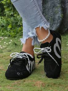 女士新款春秋季时尚运动鞋，复古低帮厚底休闲运动鞋，百搭运动鞋 - 黑色 - 查看 1