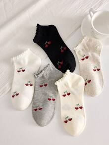 5 Pairs Assorted Color Sakura & Ruffle Trim Women's Ankle Socks, Cute Versatile Casual, Suitable For Spring/Summer Daily Wear - Multicolor - View 7