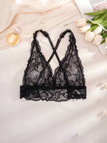 1pc Women's Lace Wireless Comfortable Backless Bra - Black - View 1