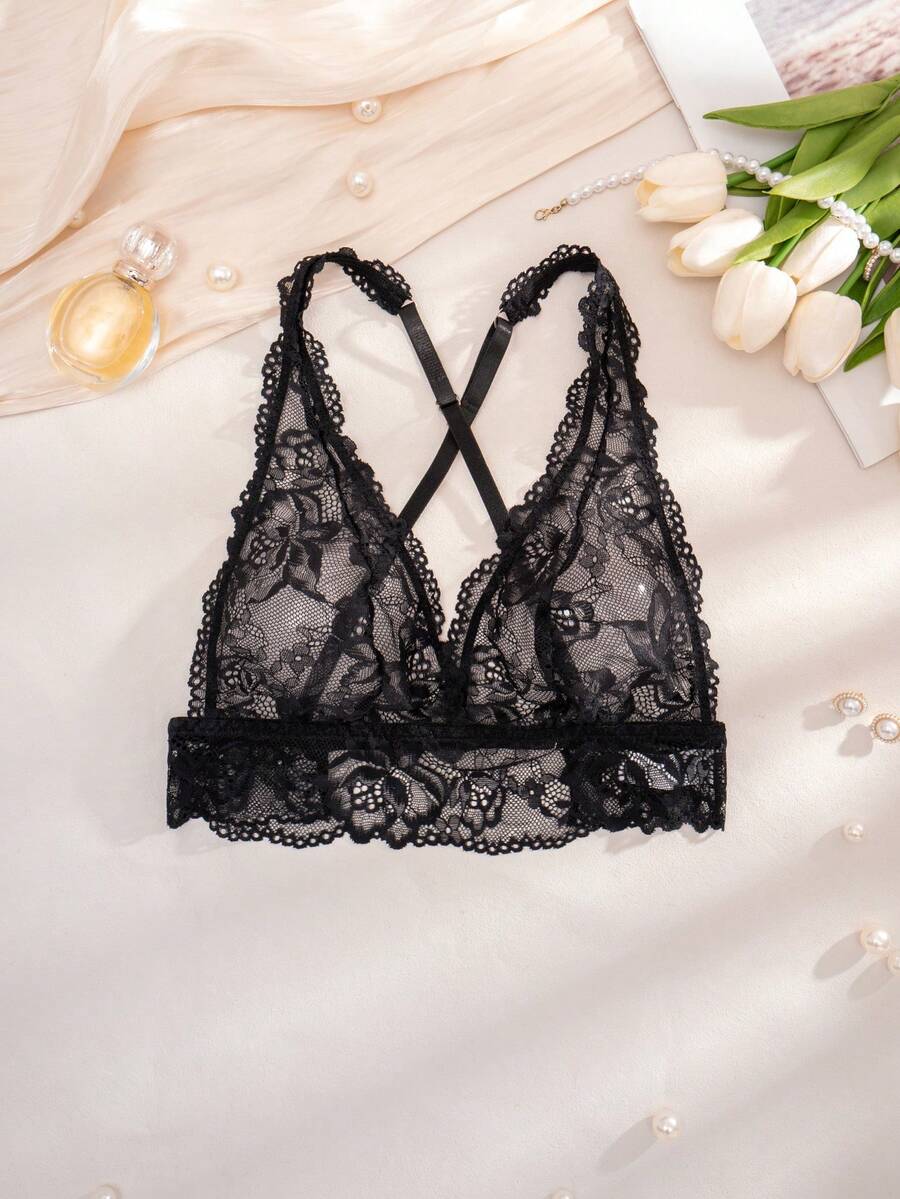 1pc Women's Lace Wireless Comfortable Backless Bra - Black - View 1