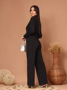Wide-Leg Pants + Long-Sleeved Jacket In Cool, Lightweight Fleece Fabric For Winter 2026. Zipper. - Black - View 3