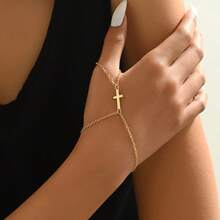 1pc Gold-Tone Cross Heart, Faux Pearl & Glass Rhinestone Connected Finger Bracelet, For Beach Vacation Valentines,Mom,Mother,Mother's Day,Gift - Yellow Gold - View 6