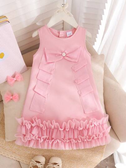 1pc Young Girls Elegant Princess Style Satin Backless Pink Dress, & Glamorous For Banquet
