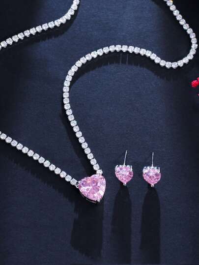 1 Set de collar gargantilla y aretes con corazón rosa y cristal CZ para mujer, set de joyas nupciales plateado con circonita cúbica para novias, damas de honor, boda, fiesta de compromiso, baile de graduación, accesorios de disfraz, regalo para damas y novias