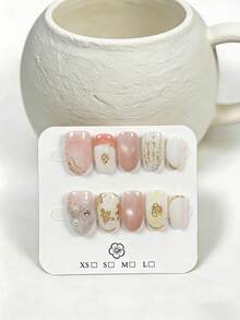 10pcs Handmade Nail Art Stickers, Almond-Shaped False Nails With Gold Mirror, Floral, Pink Cat Eye, Tie Dye Design, Short Nails, Nail Jewelry Accessories With Rhinestones And Pearls, Suitable For Party, Wedding, Daily Wear, Includes Nail Tools, Great Gift For Women And Girls - Multicolor - View 2