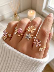 4pcs Handmade Enamel Drip Oil Cute Sweet Floral Multi-Color Rings, Delicate Luxurious Rose Flower Open Ring Set For Women - Gold - View 6