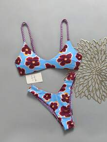 Bộ bikini hai mảnh Lucky Girl dành cho nữ, có thể đảo mặt, họa tiết kẻ caro và hoa, kiểu buộc dây phía sau, thích hợp cho kỳ nghỉ biển. - màu xanh da trời - Xem 1