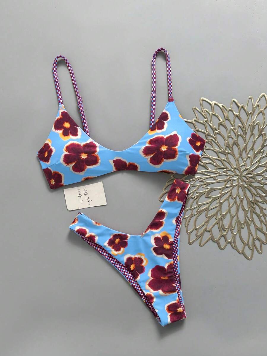 Bộ bikini hai mảnh Lucky Girl dành cho nữ, có thể đảo mặt, họa tiết kẻ caro và hoa, kiểu buộc dây phía sau, thích hợp cho kỳ nghỉ biển. - màu xanh da trời - Xem 1