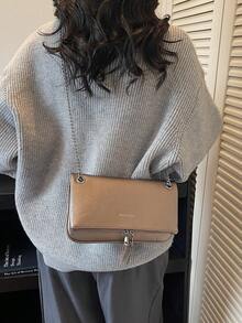 1pc Women's Retro Versatile Chain Crossbody Bag, Solid Color Commuter Envelope Bag, Zipper Closure Square Box Bag, Unique Chain Crossbody Design, Women's Travel Shoulder Bag, PU Material, Random Letter Print - Champagne - View 9