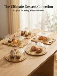 Transparent Bamboo Cake Dust Cover Tray, Dessert Display Plate, Pastry And Bread Preservation Cover, Suitable For Home Use, Western-Style Dessert Plate, Multiple Sizes Available. - Rectangle (25 X 25 X 11.5 Cm) - View 2