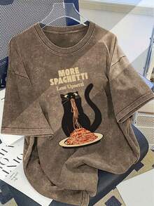Cotton T Shirts Women2026Y2K Elegant Women's Pure Cotton Washed Short Sleeve T-Shirt With Creative Exquisite Pattern Of A Black Cat Eating Spaghetti M - Orca Coatings-棕色 - 查看 12