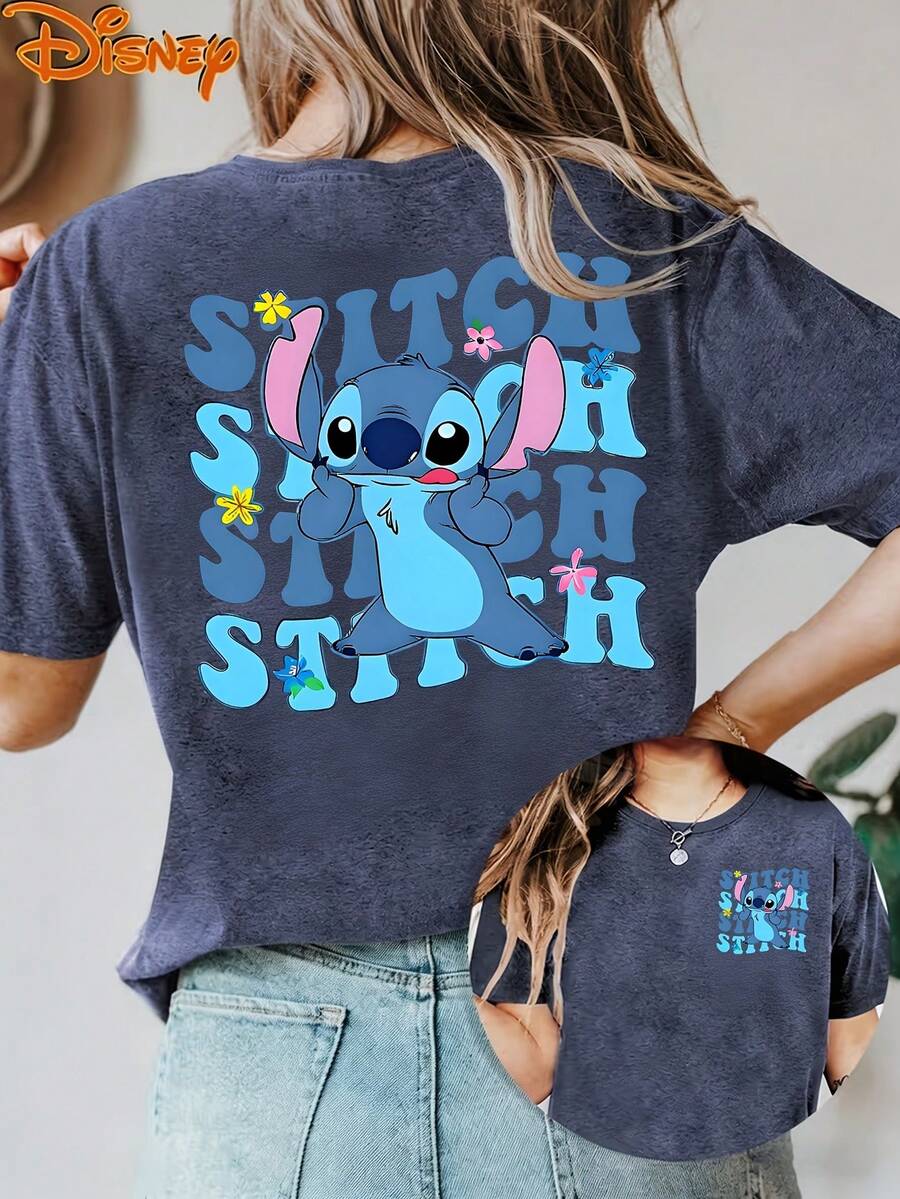 Disney License T Shirts,Disney Lilo & Stitch Stitch Face Repeat Print Oversized T-Shirt For Women, Cute Cartoon Alien Graphic Loose Fit Casual Tee, Retro Groovy Stitch Short Sleeve Tops For Stitch Lovers Disney World Trip Daily Wear Birthday Gift ,Camiseta, Summer Outfits For Women, Summer Clothes, Summer Tops, Tops For Women, Festival Outfits, Summer Tops For Women, Mother's Day, Mother's Day Clothing, Gifts For Family And Friends, Spring Outfits For Women, Officially Licensed Disney T-Shirts, Disney Men's And Women's Spring/Summer Fashion Casual Short-Sleeve T-Shirts - 藍色 - 查看 1