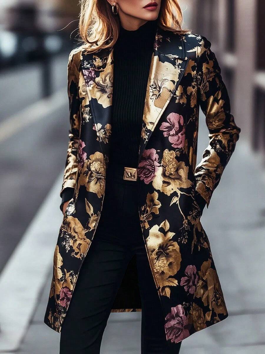 Women's Spring/Fall Fashionable Retro Floral Print Long-Sleeve Mid-Length Blazer With A Notched Collar - Pink - View 1