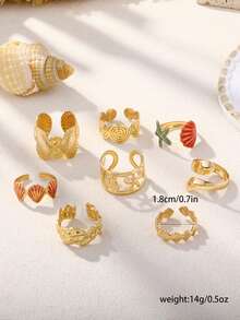 Colorful Enamel Starfish & Shell Open Ring Set, Beach Vacation Style, Suitable For Daily Wear - Ocean Breeze - View 2