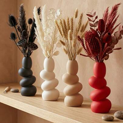 1pc Modern Minimalist Japanese Wabi-Sabi Inspired Decorative Vase, Lightweight Shatterproof Waterproof Matte Finish High-Quality Plastic Vase, Nordic Contemporary Art Style Pure White Stacked Pebble Bubble Ball Asymmetrical Sculpture Tall Narrow Neck Smooth Matte Surface Art Design, Suitable For Pampas Grass