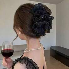 1个女士星光薄纱蝴蝶结发夹，优雅时尚配饰，适合日常佩戴，夏季沙滩发夹，度假发夹，旅行，生日礼物 - 黑色 - 查看 6