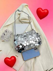Fashionable Glitter Sequin Rectangle Handbag, New Versatile Zipper Crossbody Bag, Unique Chain Strap Evening Clutch - Silver - View 5