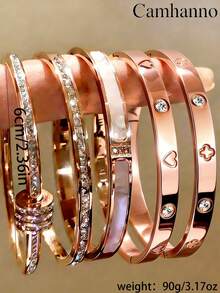 Camhanno 5/1pc Classy Artistic Stainless Steel Bangle Set, 5Pcs Essential Stackable Accessory With Inlaid Decor & Mixed Design, Great For Daily Routines - Rose Gold - View 9