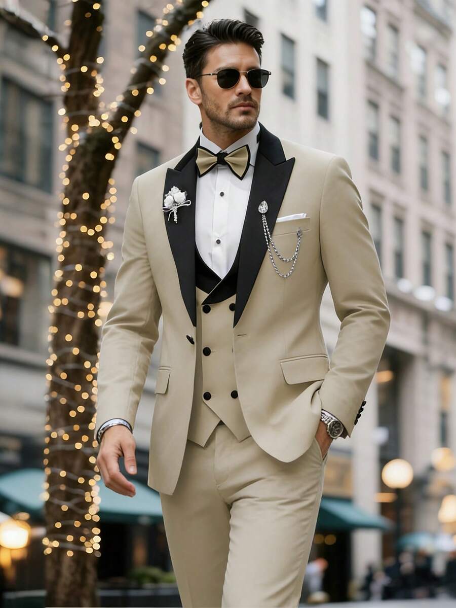 Men's Tailored Suit Set, Black Satin Plaid Collar, Anti-Wrinkle Fabric, Wedding Groom's Evening Dress For Formal Business Attire - Màu be - Xem 1