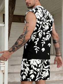 Men's Leaf Print Round Neck Sleeveless Tank Top And Shorts Set - Multicolor - View 2