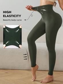 High Waist Seamless Slimming Shaping Leggings Spring - Dark Green - View 3