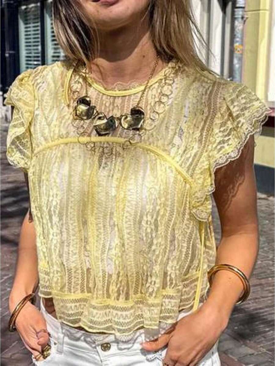 Women's Sleeveless Solid Lace Sheer Ruffle Trim Mock Neck Tie Back Crop Top, Cold Shoulder 2026 Summer Y2K Boho Casual Going Out Blouse - Amarillo - Ver 1
