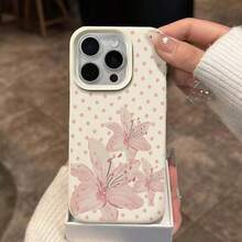1pc TPU Material Elegant Polka Dot Pink Lily Pattern Phone Case Suitable For IPhone 17 Pro Max/17/16 Pro Max/15/13/12/11, S20 FE/A15/S24/A55, Note 11/Note 12/Note 13 Pro, Full Coverage Anti-Drop Soft Protective Phone Cover - White - View 3