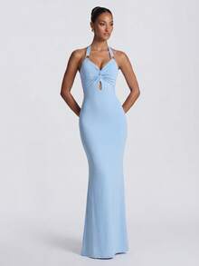 Elegant Chic Blue Halter Neck Twist Front Maxi Dress - Ideal For Summer Holiday, Beach Vacation, Casual Going Out - Baby Blue - View 3