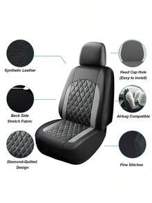 通用汽車座椅套組－2個前座或5件全套，PU皮革菱格紋絎縫，防滑底背，簡易安裝，適用於轎車、SUV與皮卡車，座椅套，內裝保護套件，汽車內裝配件 - 款式A - 查看 8