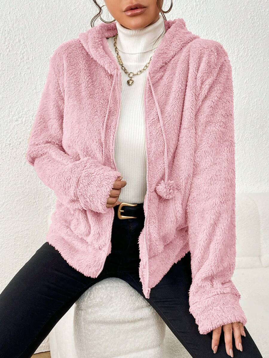 Imported Women's Long-Sleeved Teddy Coat With Zipper And Thick Hood. - Pink - View 1