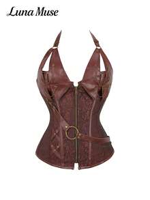 Luna Muse New Brown Deep V Neck Leather Patchwork Chain Decor Corset Top, Steampunk Goth Style, Sexy Bodycon Bustier, Suitable For Daily, Streetwear, Punk Party, Music Festival, Halloween, Valentine's Day, Nightclub Outfit, Essential Item For Sexy Girl Vibe - Coffee Brown - View 6