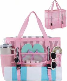 WANDF Mesh Beach Bag Women, Large Beach Tote Bags With 40oz Tumbler Side Pockets, Family Pool Bag Swim Toys Towels Cruise Vacation Essentials (Purple) |   Breathable - 粉色 - 查看 11