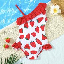 Girls' One-Piece Swimsuit, Featuring Sweet & Cute Style With White Base And All-Over Strawberry Print, Complemented By Red Ruffle Trim, Asymmetric Design With Wide Single Strap & Thin Strap For Fashionable Look, Lively & Playful Style Suitable For Low-Age Girls, Ideal For Swimming Pool, Beach And Other Water Activities. - Red - View 2