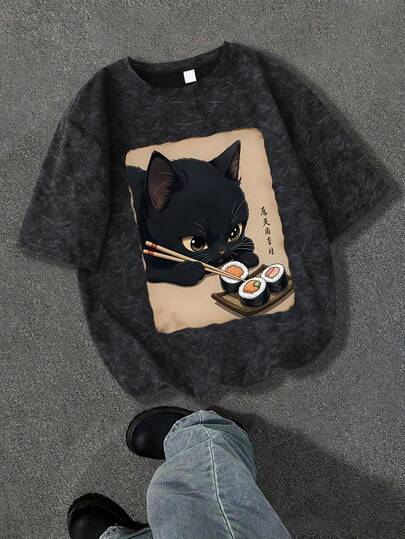 Girls' Cute Sushi Cat Pattern Loose Vintage Washed Black T-Shirt, Sweet Summer Back To School Everyday Wear