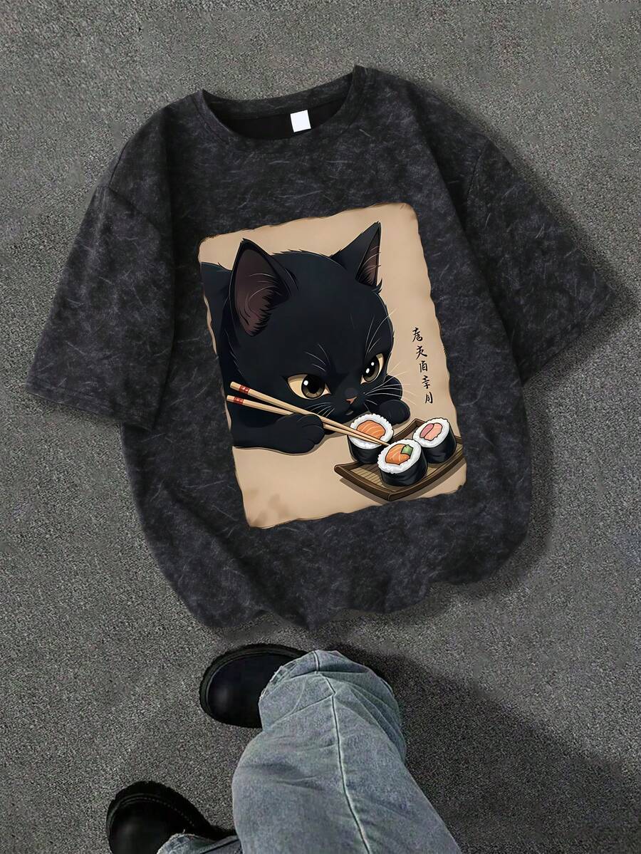 Girls' Cute Sushi Cat Pattern Loose Vintage Washed Black T-Shirt, Sweet Summer Back To School Everyday Wear - Black - View 1