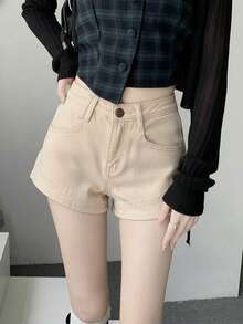 Y2K Summer Solid Color Slant Pocket Denim Shorts Casual - Apricot - View 3