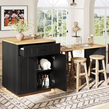 Extendable Kitchen Island With Dining Table, Multifunctional Storage Cabinet With Drawers Doors & Wine Rack, Space Saving Organizer For Kitchen & Dining Room - Black - View 2