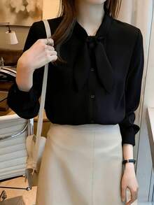 Solid Color Front Button Casual Loose Summer Shirt With Ribbon Collar Black - Black - View 2