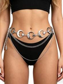 1 pieza Vestido con diseño de media luna multicapa y cadena de metal para la cintura para mujeres, para el verano y la escuela - Plateado - Ver 7