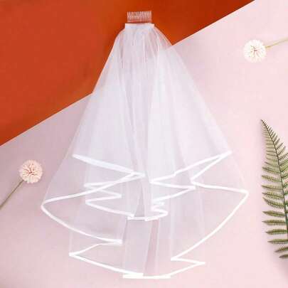 1 chiếc khăn voan cô dâu màu trắng cổ điển đơn giản, hai lớp, viền satin, kèm lược cài tóc, thiết kế lưới thoáng khí, thích hợp cho tiệc cô dâu, tiệc độc thân, đám cưới và tiệc đính hôn, phụ kiện tóc cưới.