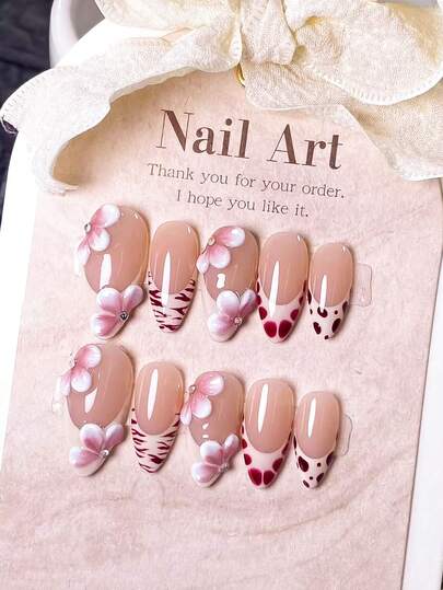 10 Pieces Handmade Almond-Shaped Press-On Nails Beige French Style With Red Blended & 3D Carved Design Hand-Painted Beige French Tips And Red Blended Patterns, Handmade Red Gradient 3D Apricot Flower Carvings. Elegant, Romantic And Minimalist Press-On Nails, Luxurious And Sexy Light-Luxury Nail Patches. Suitable For Daily Wear, Dates, Concerts And Light Business Occasions. An Ideal Gift For Women And Girls.