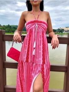 Bohemian Women's Resort Style Summer Fashion Slit Sexy Print Lace-Up Bandeau Dress - 玫紅色 - 查看 1