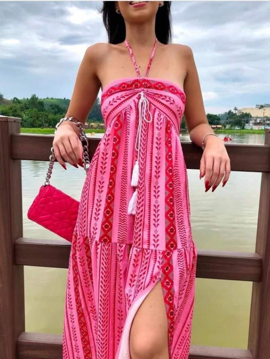 Bohemian Women's Resort Style Summer Fashion Slit Sexy Print Lace-Up Bandeau Dress - 玫紅色 - 查看 1