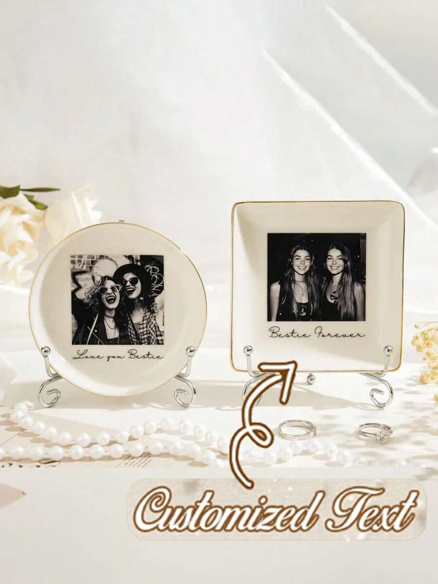 Personalized Photo Dish With Stand: Customized Jewelry Dish, Wedding Gift, Bridesmaid Proposal, Best Friend/Bestie Trinket Tray - Multicolor - View 1